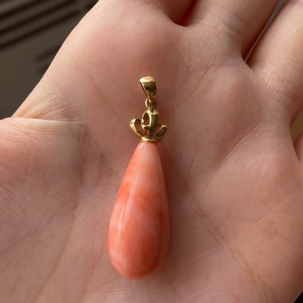 Pink Coral Teardrop Pendant Gold-Tone Bail Vintage Style
